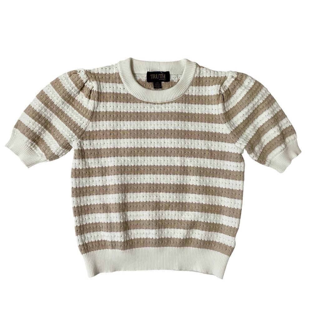 Truth by Republic Sweater Womens Size Small Cream Mocha Stripe Short Puff Slv